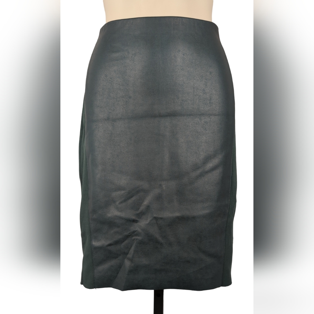 Bailey 44 Anthropologie vegan leather dark green pencil skirt panel stretch XS 0
